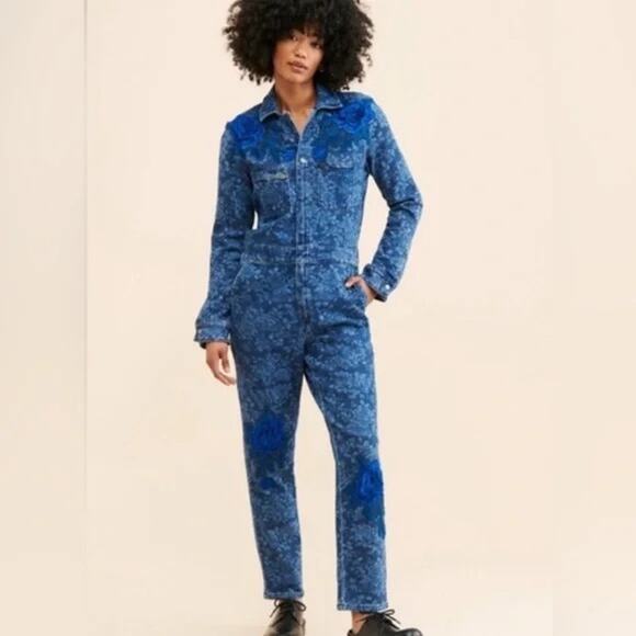 Free People Re-Nully X Tricia Fix Embroidered Coveralls Dark Denim Sz:S Ret$350 - Picture 1 of 8